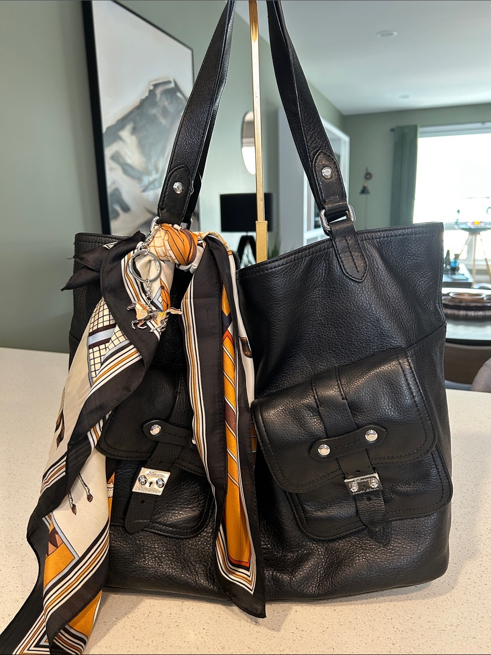 Ralph Lauren Black Pebbled Leather Shoulder Tote w/Equestrian Scarf & Charm - Picture 2 of 16